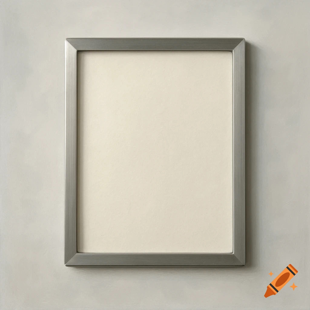 A minimalist silver metal picture frame with a blank light cream mat, hanging on a light grey wall.