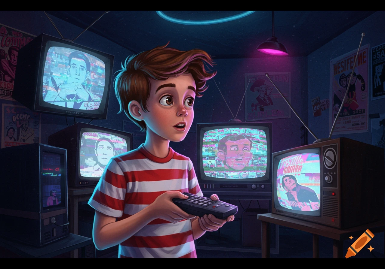 A cartoon boy with brown hair and a red and white striped shirt holds a remote, looking at multiple glitching retro televisions in a dark, neon-lit room.