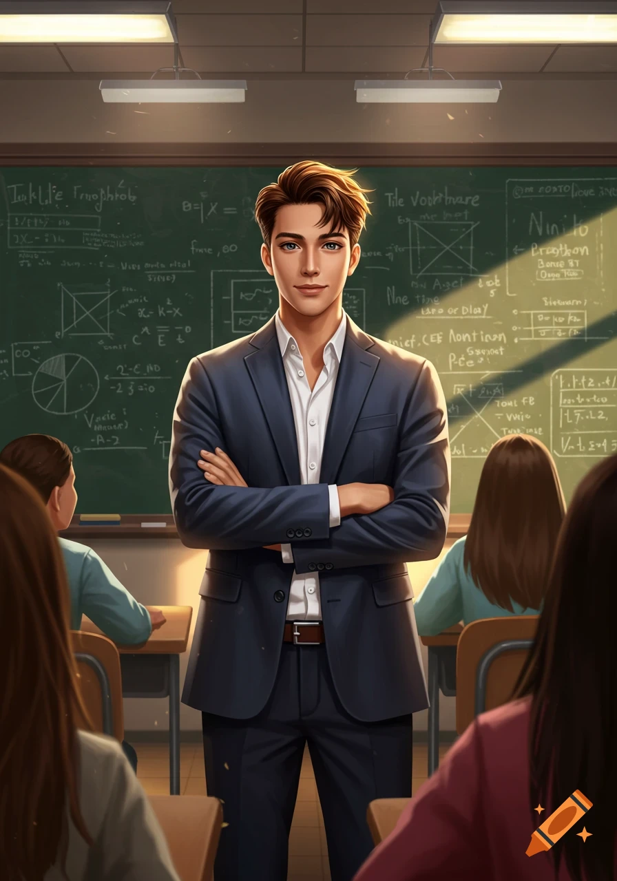 A young male teacher with brown hair and blue eyes stands with crossed arms in front of a blackboard in a classroom, with students seated. Anime style.