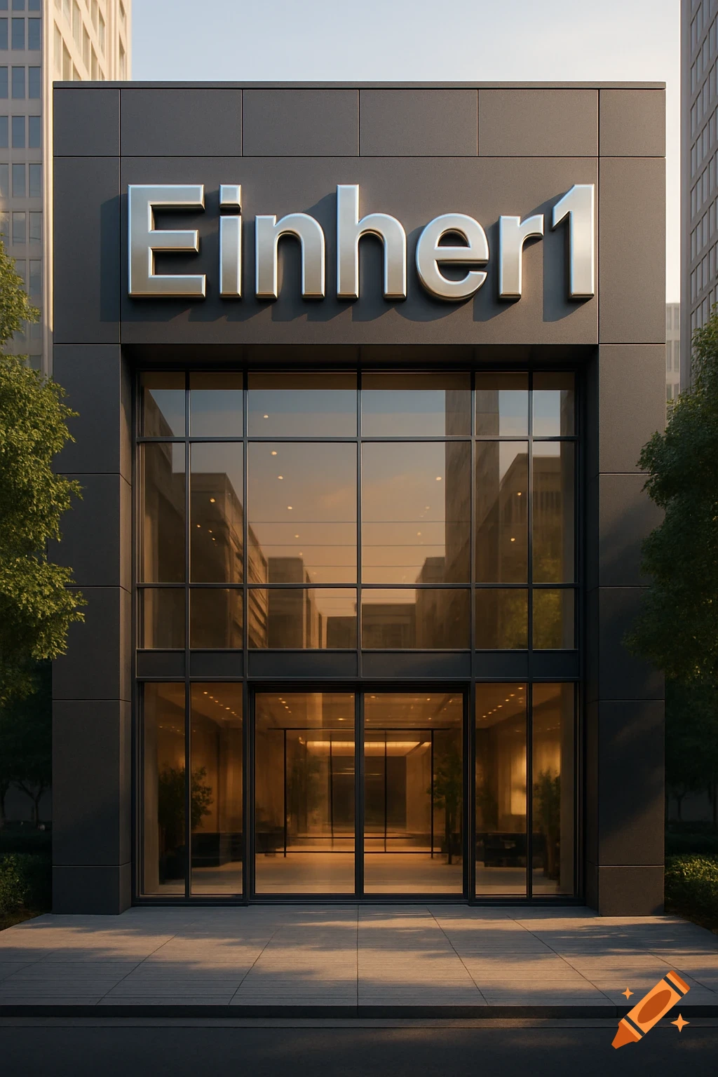 Photorealistic modern office building facade with 'Einher1' sign above glass entrance.