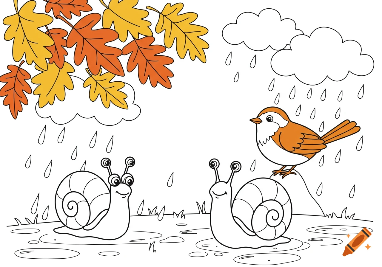 A fall-themed coloring page showing two snails and a small brown and white bird under colorful leaves and rainy clouds.