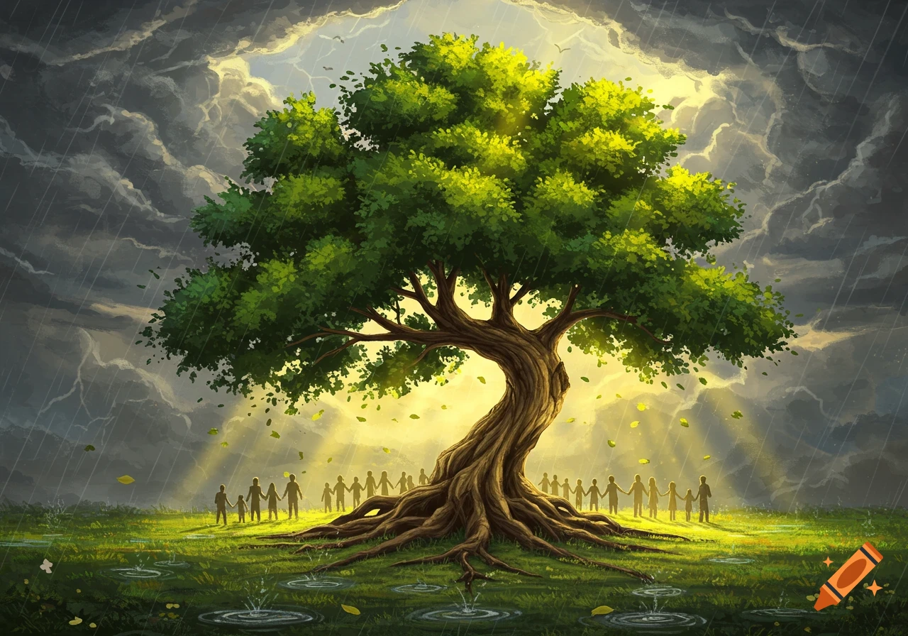 A large green tree stands in a field with people holding hands in a circle around it, under a sky with rain and sunlight.