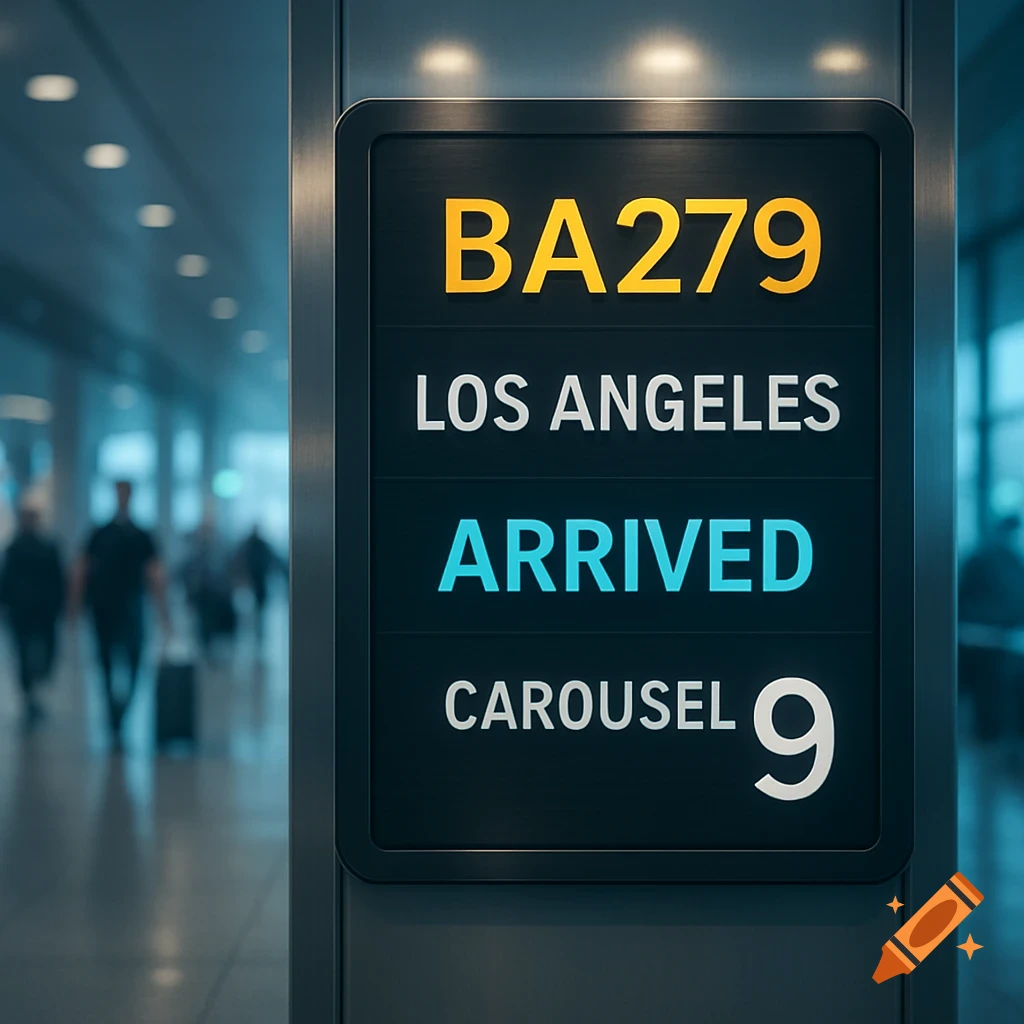 A close-up shot of a digital airport display board showing flight BA279 from Los Angeles has 'ARRIVED' at 'CAROUSEL 9'.