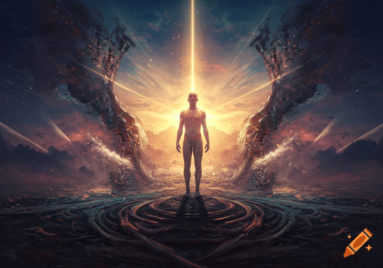 A glowing human figure stands centrally in a cosmic, fantastical landscape with swirling energy and a bright light beam above.
