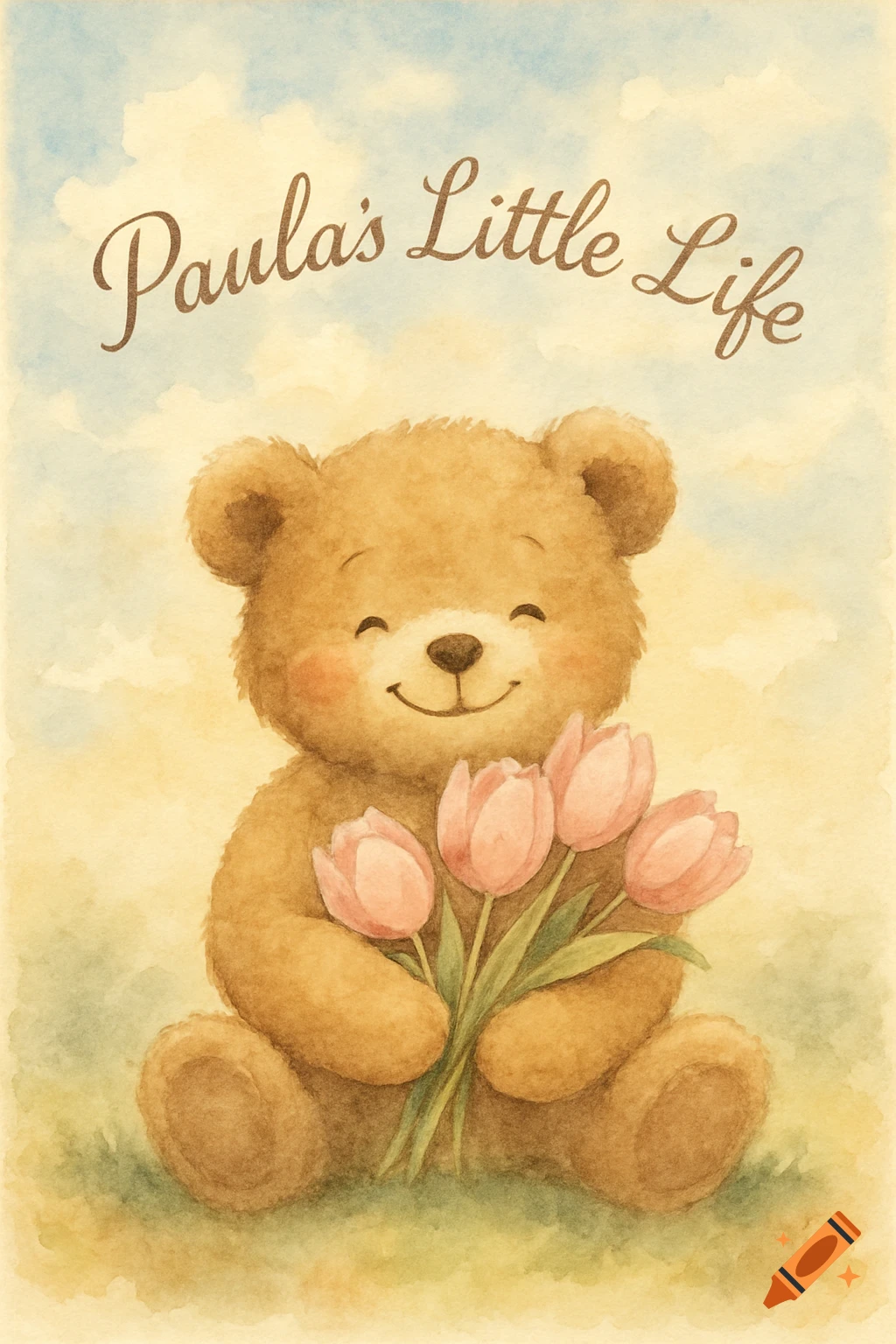A happy watercolor teddy bear sits in grass, holding a bouquet of pink tulips, with "Paula's Little Life" written in script above.