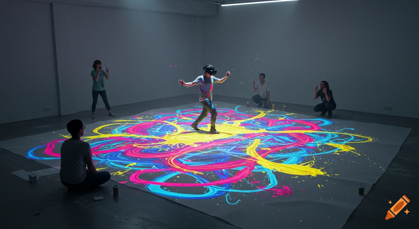 A person in a VR headset dances on a giant canvas, leaving trails of neon paint, observed by an audience in a dark art gallery.