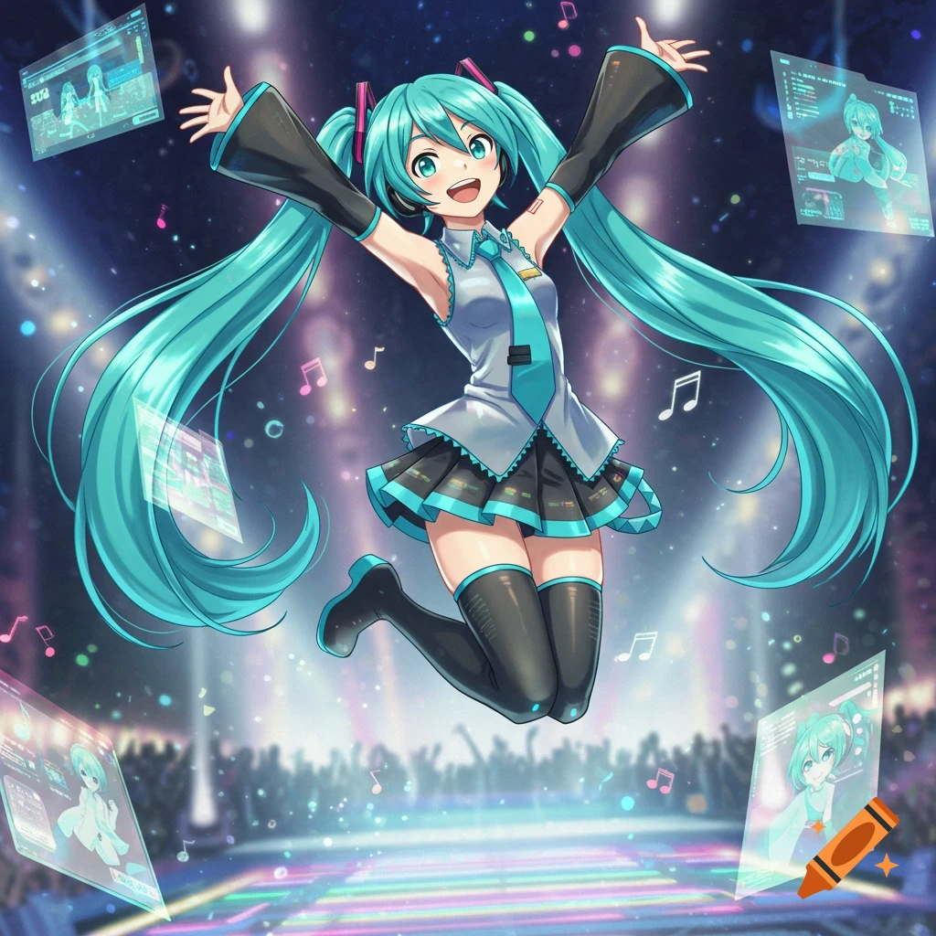 Anime character Hatsune Miku jumps with arms raised on a stage with a crowd, surrounded by holographic screens and musical notes.
