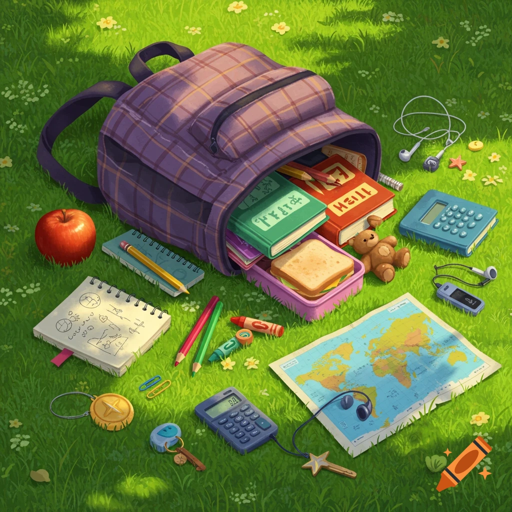 A purple plaid backpack is tipped over on vibrant green grass, surrounded by spilled school supplies: books, an apple, a calculator, pencils, crayons, a world map, headphones, a compass, keys, and a teddy bear.