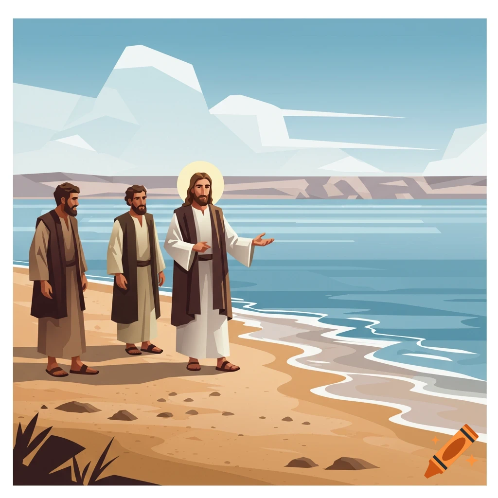 Stylized illustration of Jesus with a halo and two disciples walking along a sandy beach beside a calm blue sea.