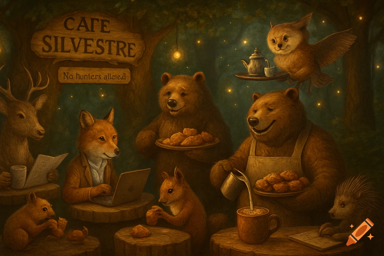 A whimsical painting of anthropomorphic forest animals gathered at a rustic "Cafe Silvestre" in a moonlit forest. A bear serves food, a fox works on a laptop, and an owl flies with a tray.