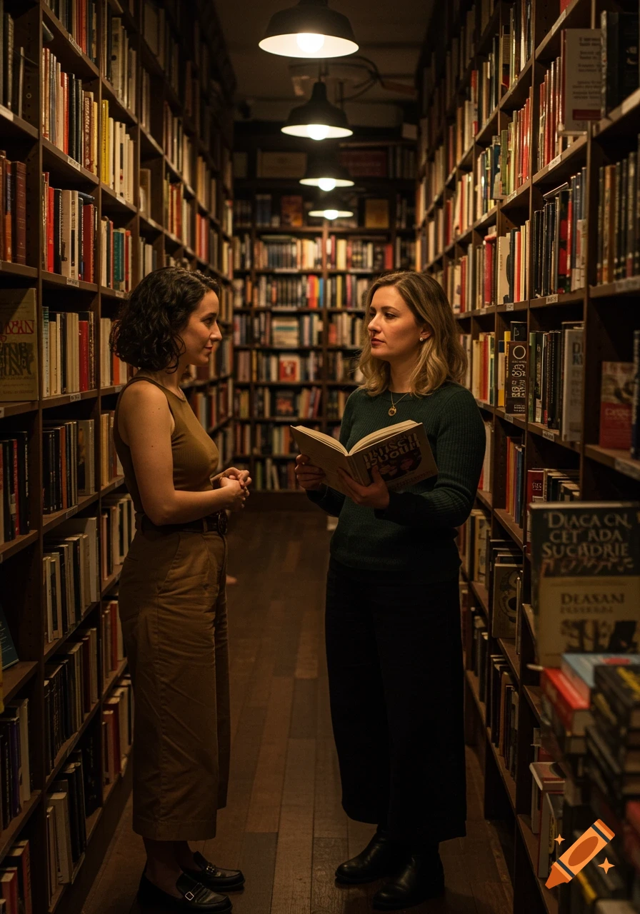 Two women talk in a dimly lit bookstore aisle, surrounded by shelves of books; one holds an open book.