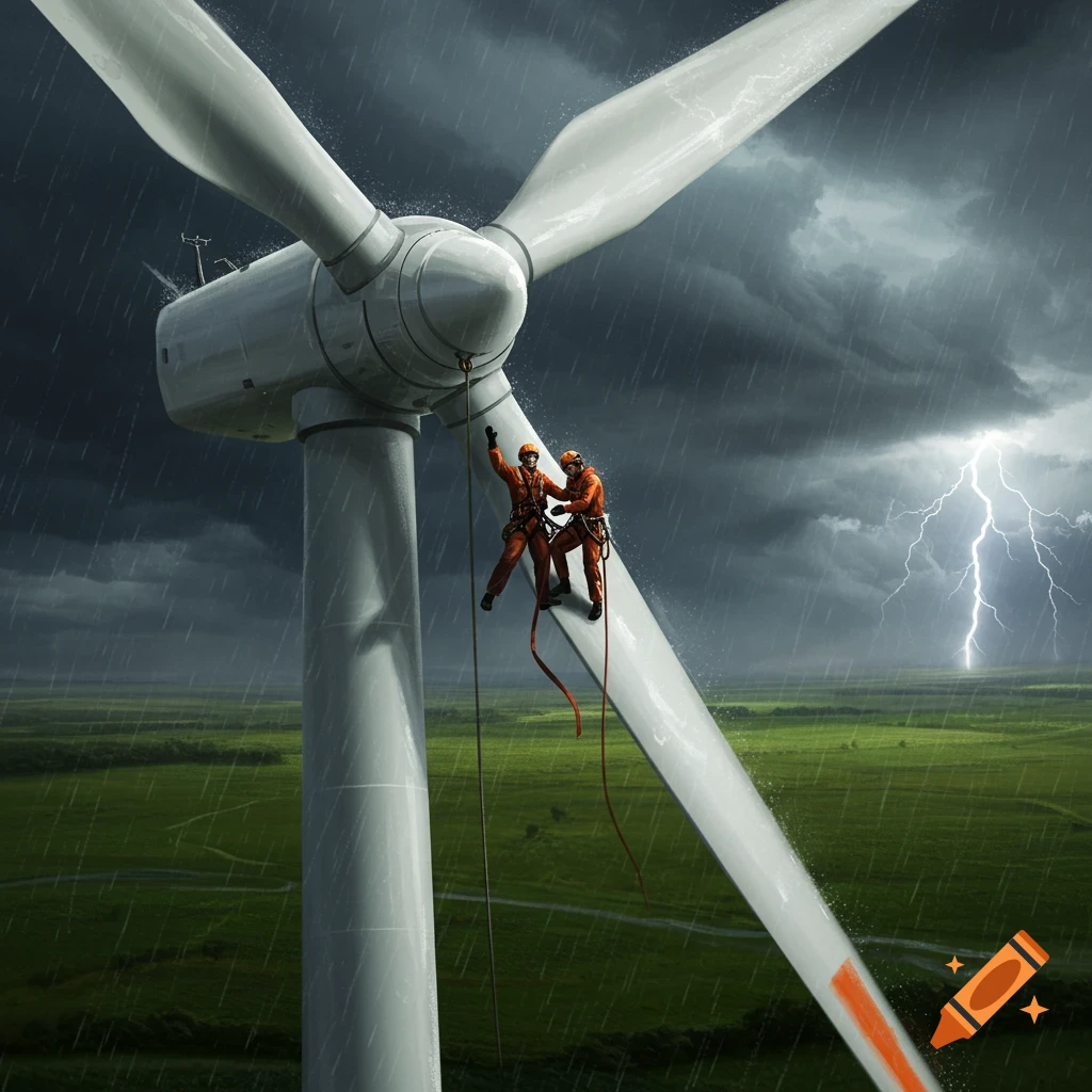Two men in orange work suits rappelling down a large white wind turbine during a thunderstorm with lightning over a green landscape.