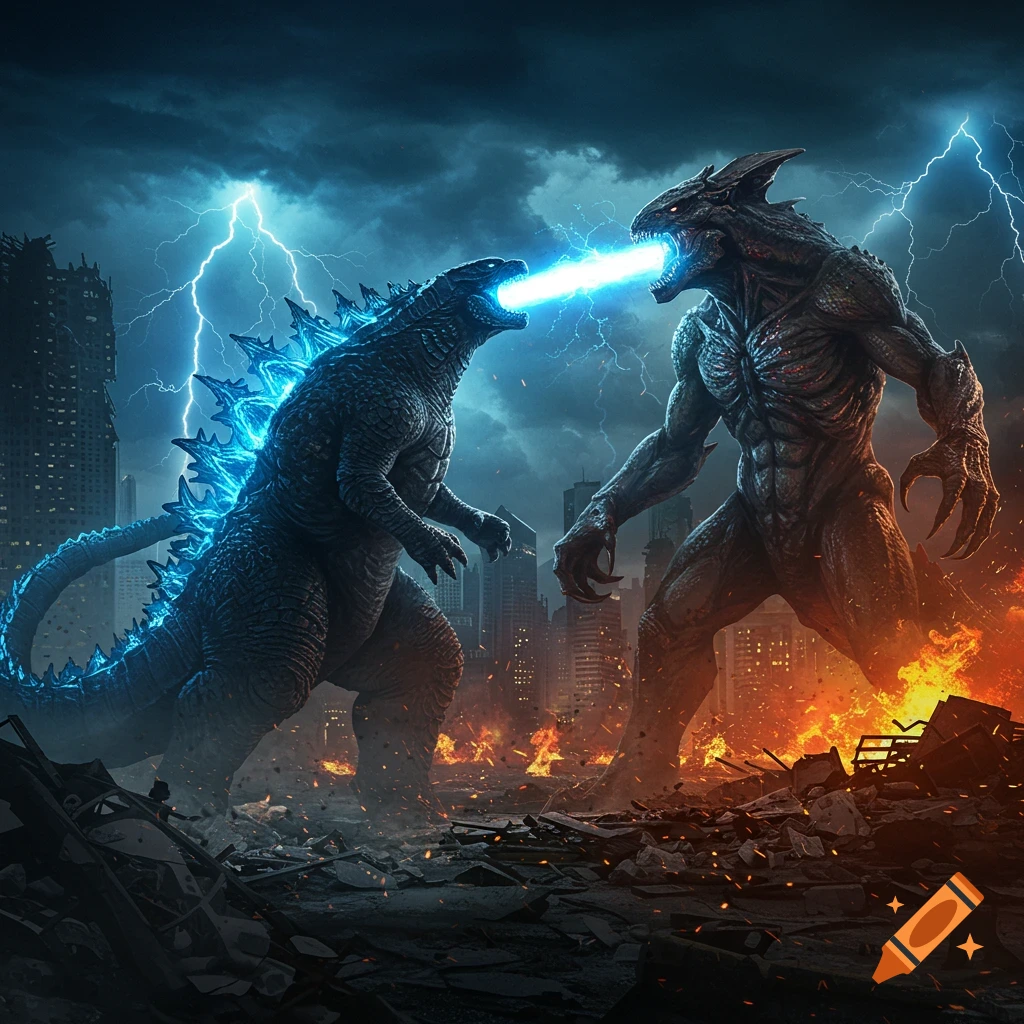 Godzilla battles a giant monster in a destroyed city under a lightning-filled sky, unleashing atomic breath.