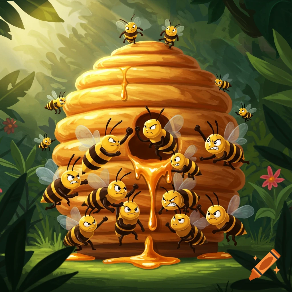 A cartoon illustration of an angry swarm of bees protecting their beehive, which is dripping with golden honey, in a lush green forest.