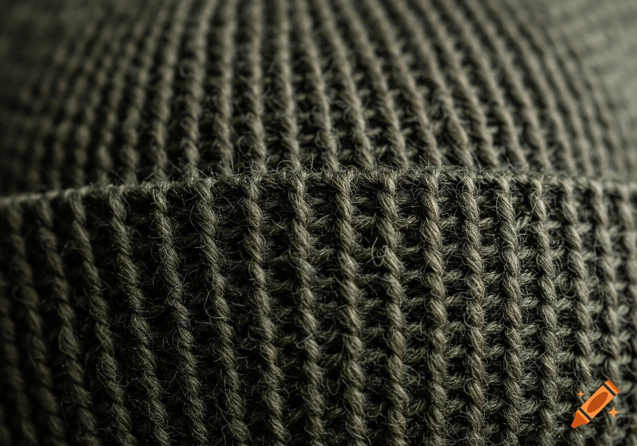 Close-up of dark green knitted beanie hat texture, showing individual threads and ribbed pattern.