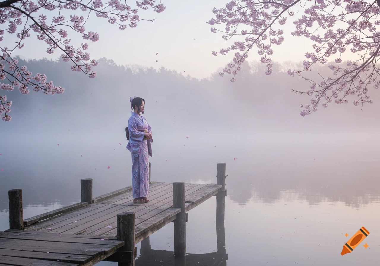 A woman in a purple kimono stands on a wooden dock over a misty lake, framed by pink cherry blossoms.