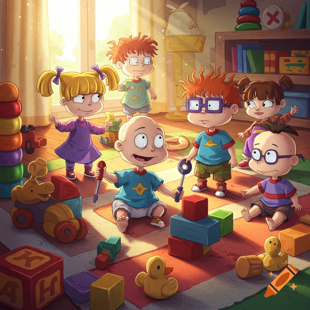 Several cartoon babies, resembling Rugrats characters, play with colorful blocks, stacking toys, and a rubber duck in a bright, sunlit playroom.