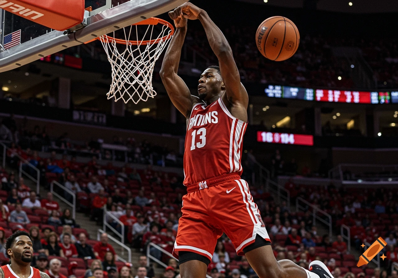 A male basketball player in a red uniform hangs on the rim after dunking the ball during a game in a crowded arena.