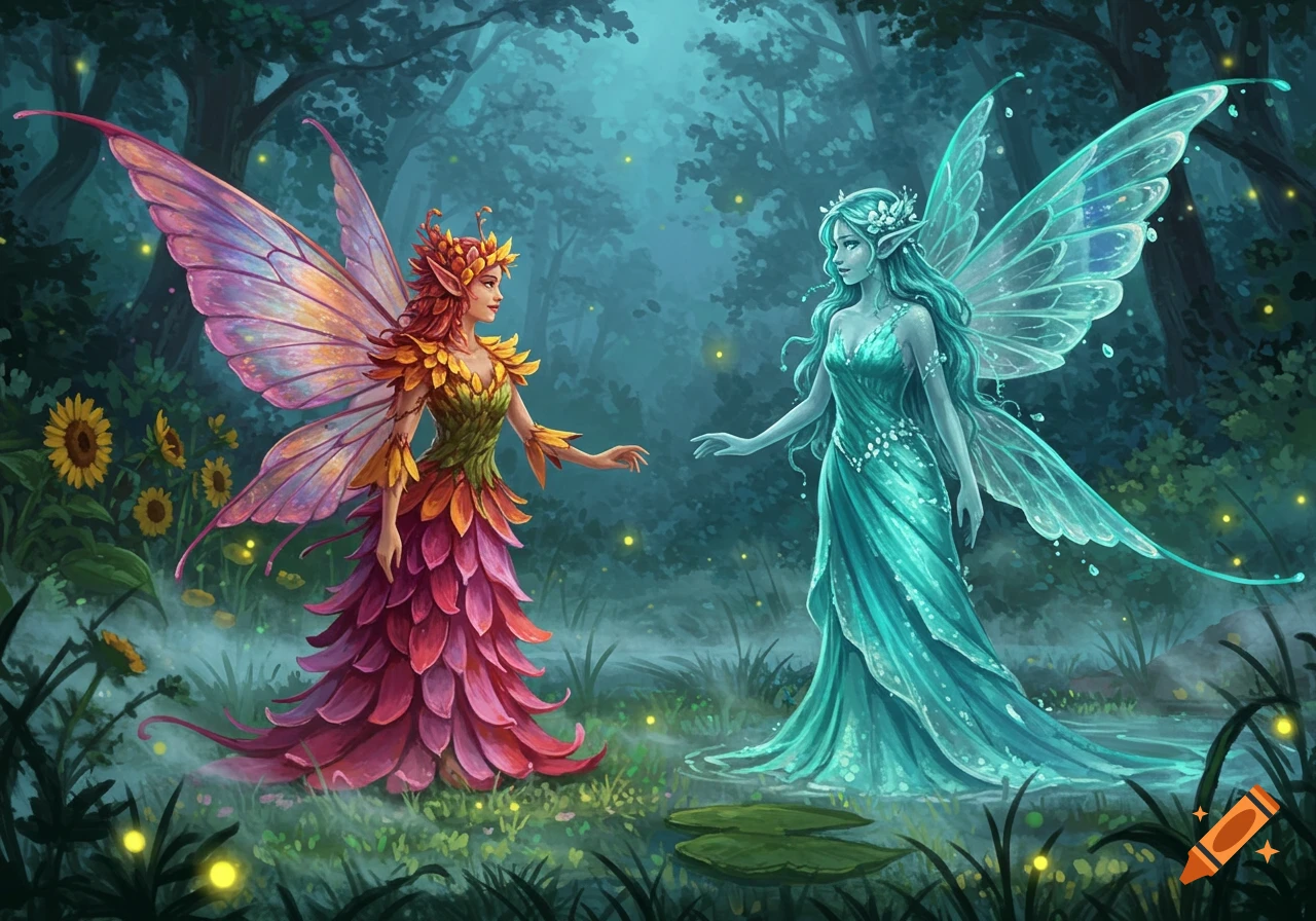 A flower fairy with pink wings and a red-orange dress meets a water fairy with blue wings and a teal dress in an enchanted forest.