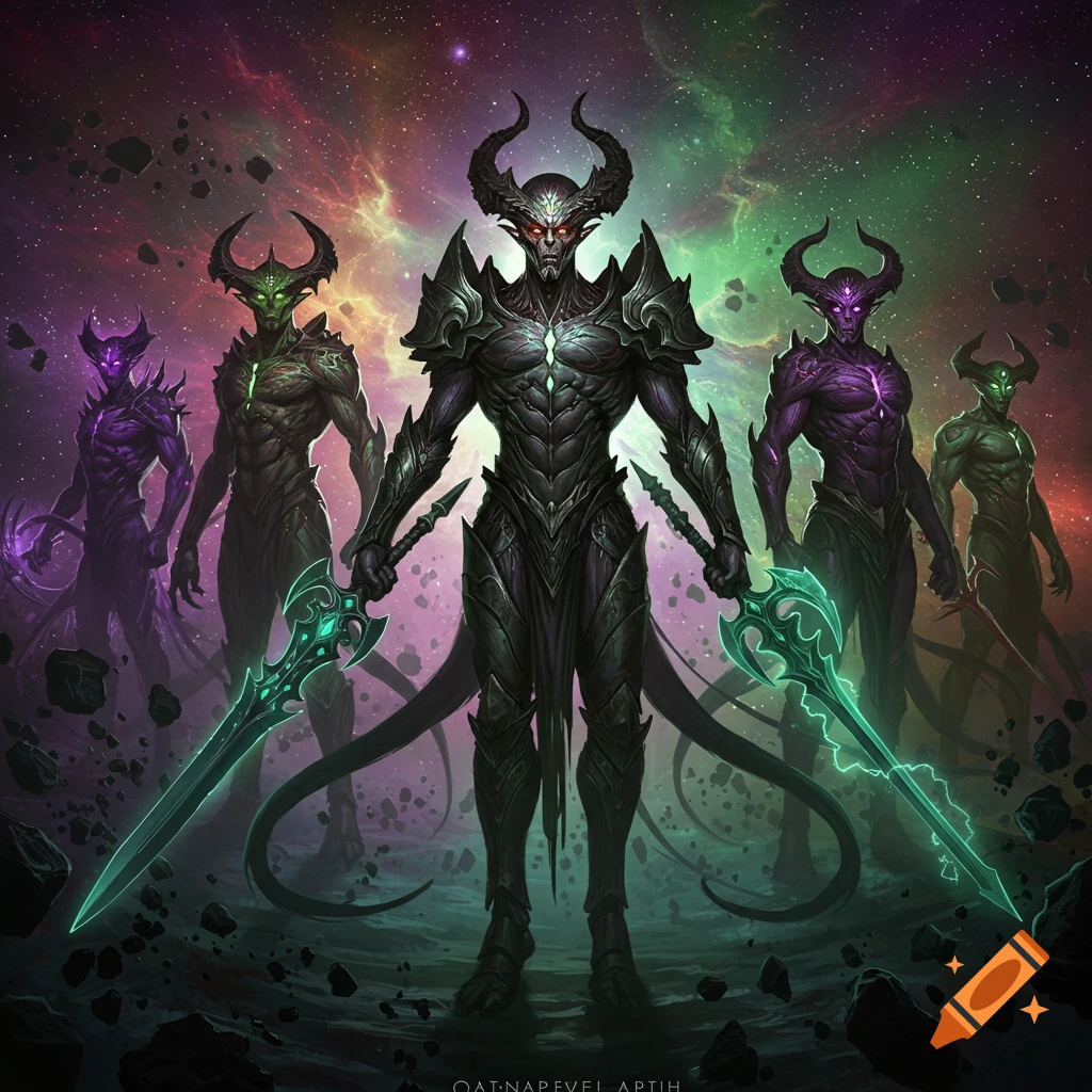 Five dark, horned alien or demonic figures with glowing eyes and chests, holding large glowing swords, stand against a colorful cosmic background with floating debris.