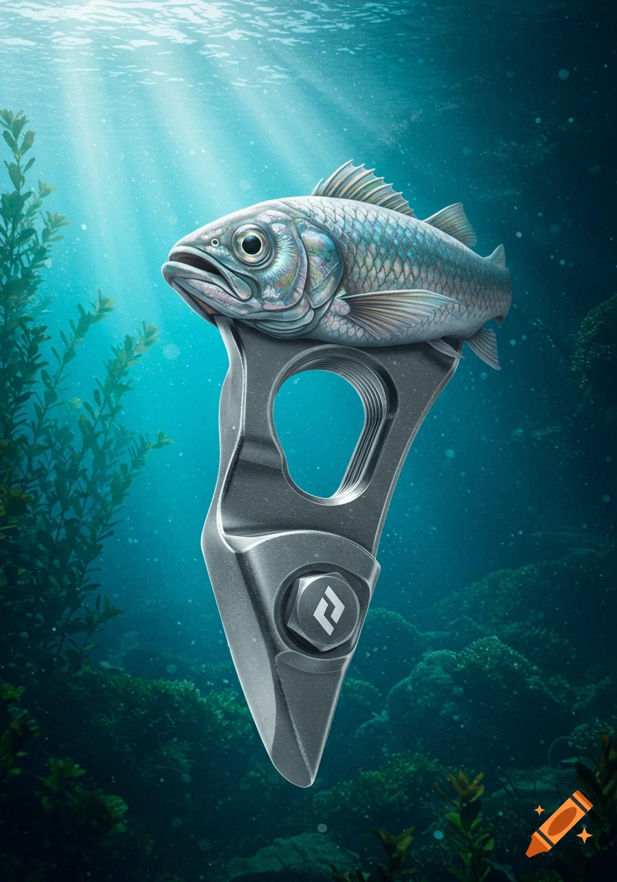 A surreal image of a fish head atop a climbing tool, underwater with light rays and seaweed.