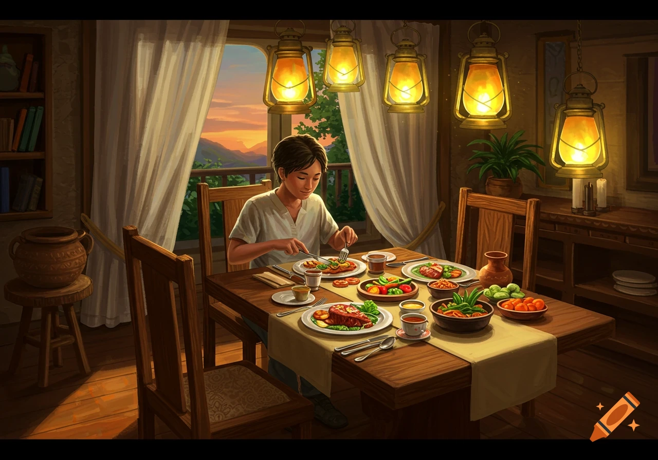 A person dines at a table lit by lanterns, with food dishes and a sunset view from a window in a digital painting style.