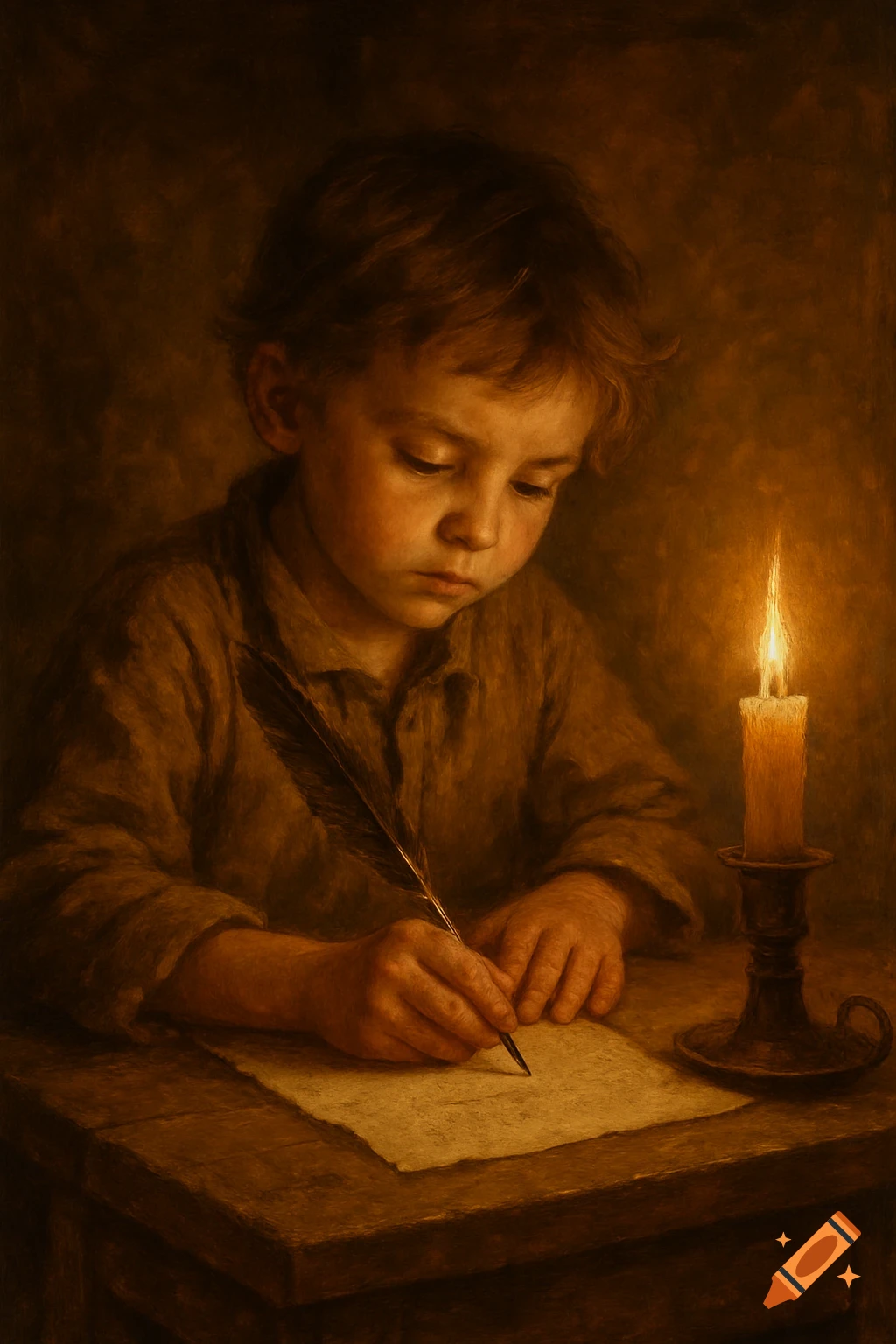 A young boy, illuminated by candlelight in a classical painting style, intently writes on a piece of paper with a quill.