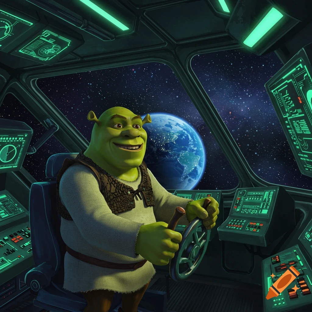 Shrek smiling in an alien spaceship, holding the wheel, with Earth visible outside the cockpit window.