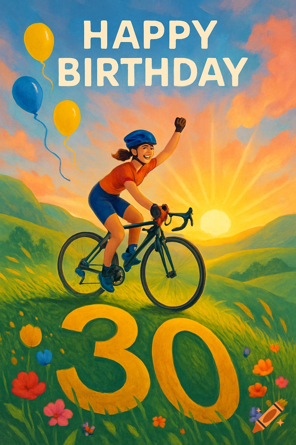 Illustration of a person on a bicycle with 'HAPPY BIRTHDAY' and '30' against a sunset landscape.