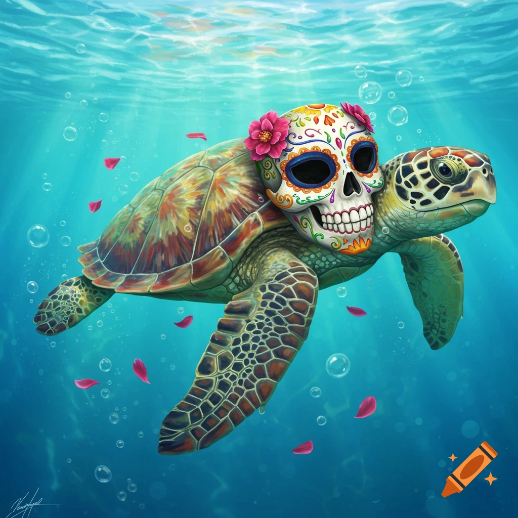 A vibrant illustration of a sea turtle swimming underwater with a colorful, floral sugar skull mask on its shell, surrounded by bubbles and pink petals.