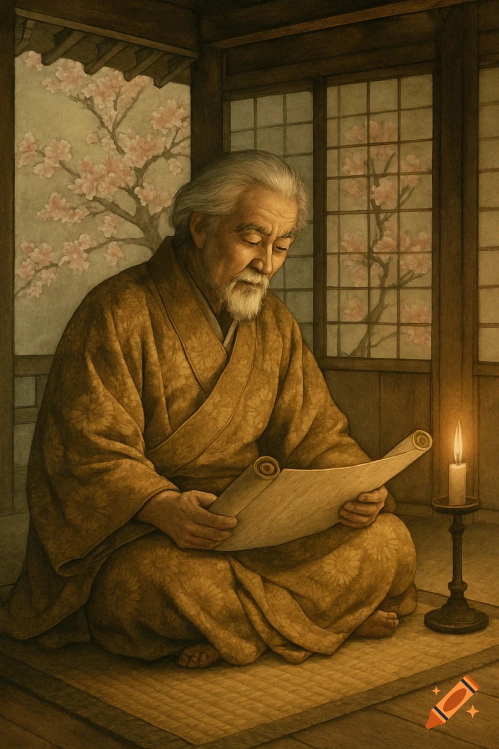 An elderly Japanese man with a white beard sits cross-legged, reading an unrolled scroll by candlelight in a traditional room with cherry blossoms visible through the window.