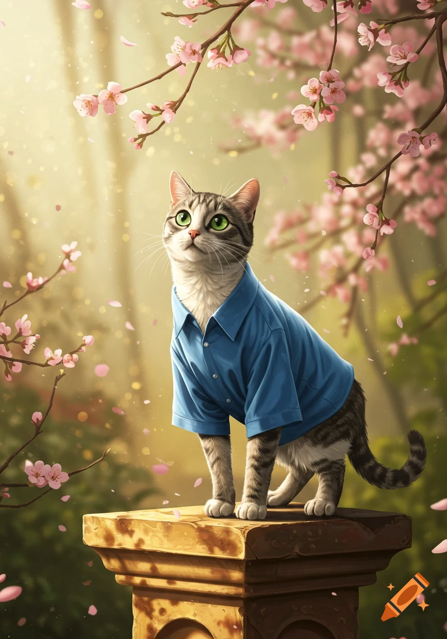 A cute tabby cat in a blue shirt stands on a stone pedestal surrounded by pink cherry blossoms in a bright, ethereal garden.