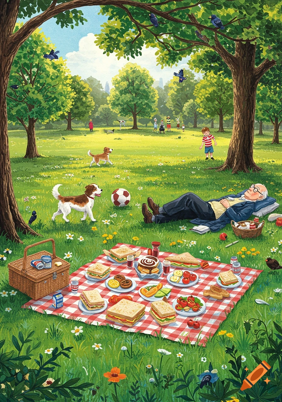 A vibrant wimmelbook illustration of a park scene with a picnic. A grandpa sleeps on a blanket with sandwiches and drinks, two dogs play nearby, and children and adults are scattered in the background under trees.