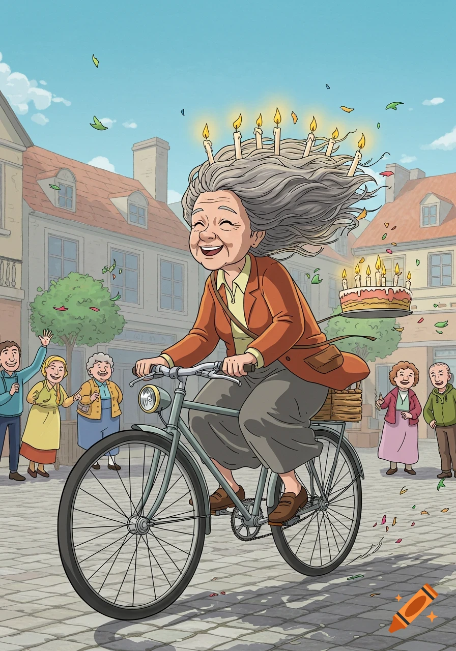 Happy old woman with lit birthday candles in her hair rides a bicycle with a cake through a town square, cheered by people, in a cartoon style.