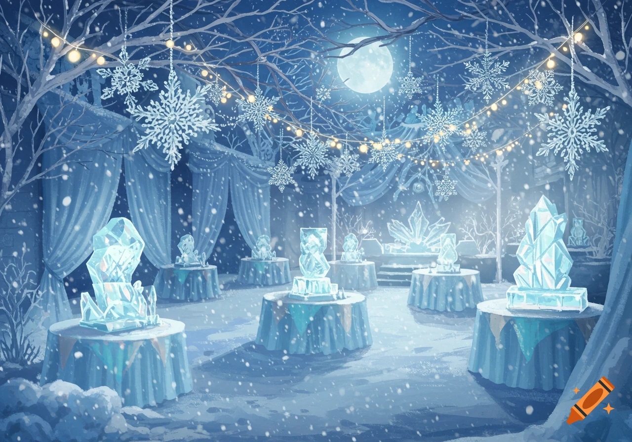 A magical winter scene with falling snow, a full moon, bare trees, ice sculptures, and snowflake decorations under string lights.