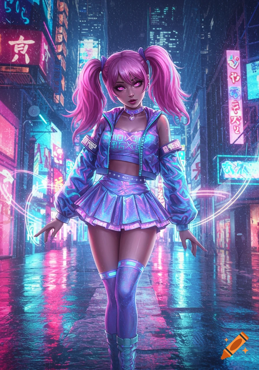 A pink-haired anime girl with pigtails in a glowing purple and blue cyberpunk outfit, on a wet street reflecting neon city lights.