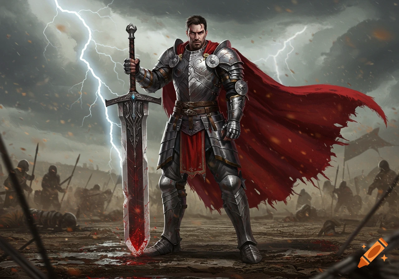 A heavily armored knight with a red cape stands on a battlefield ...