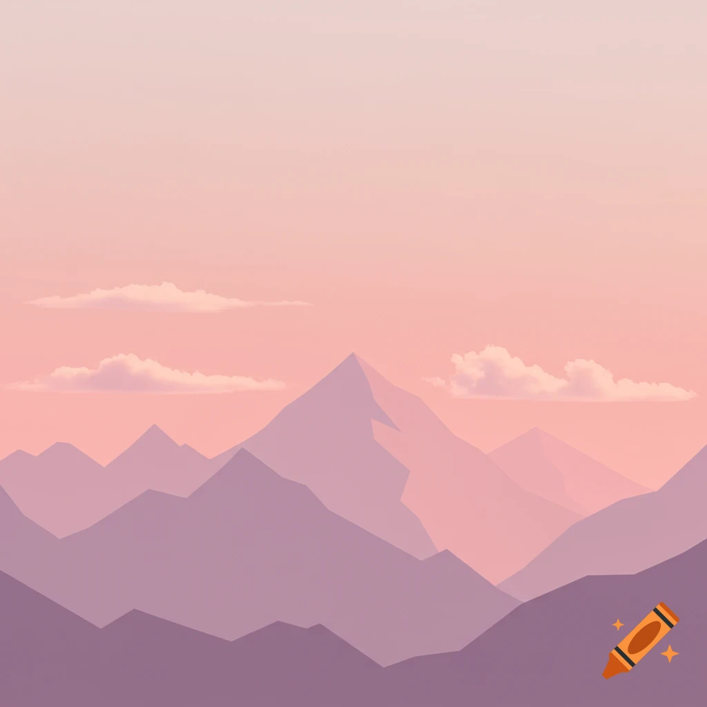 Minimalist digital art of layered pastel mountains under a soft pink and peach sunrise sky with wispy clouds.