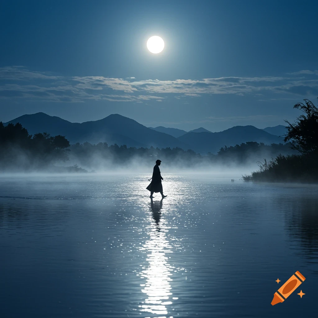 A silhouetted man walks on a misty river under a bright full moon, with mountains in the background.