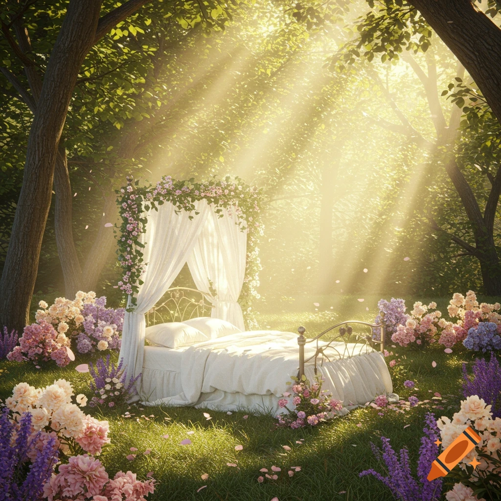 A canopy bed adorned with pink and white flowers sits in a sunlit forest clearing, surrounded by pastel flowers.