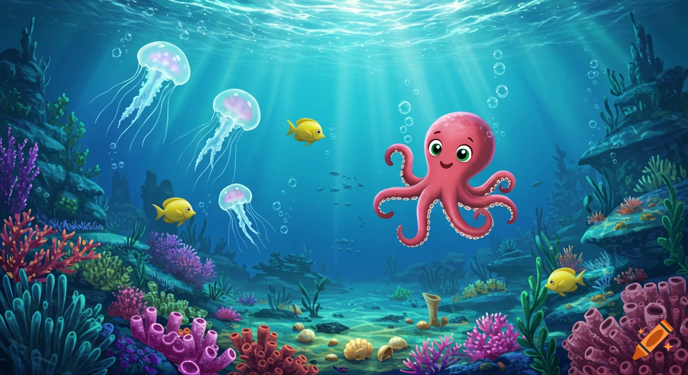 A vibrant cartoon underwater scene with a smiling pink octopus, yellow fish, jellyfish, and colorful coral.