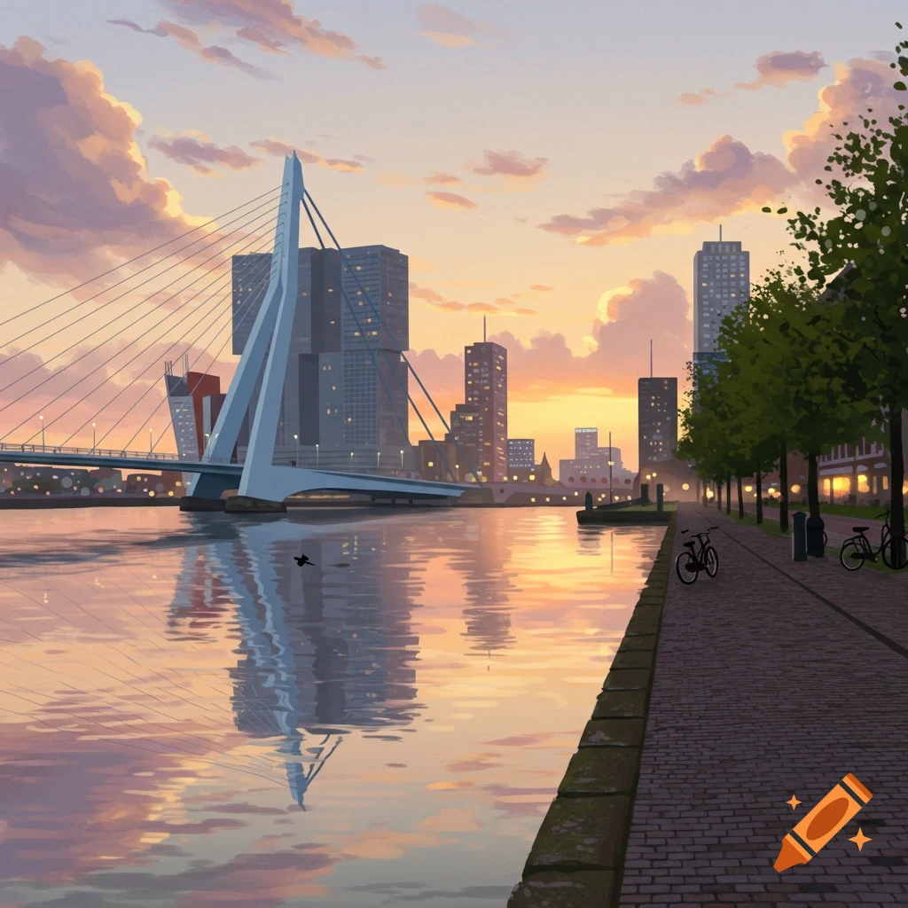 Stylized illustration of Rotterdam at sunrise, featuring the Erasmus Bridge, city skyline, and river with reflections.