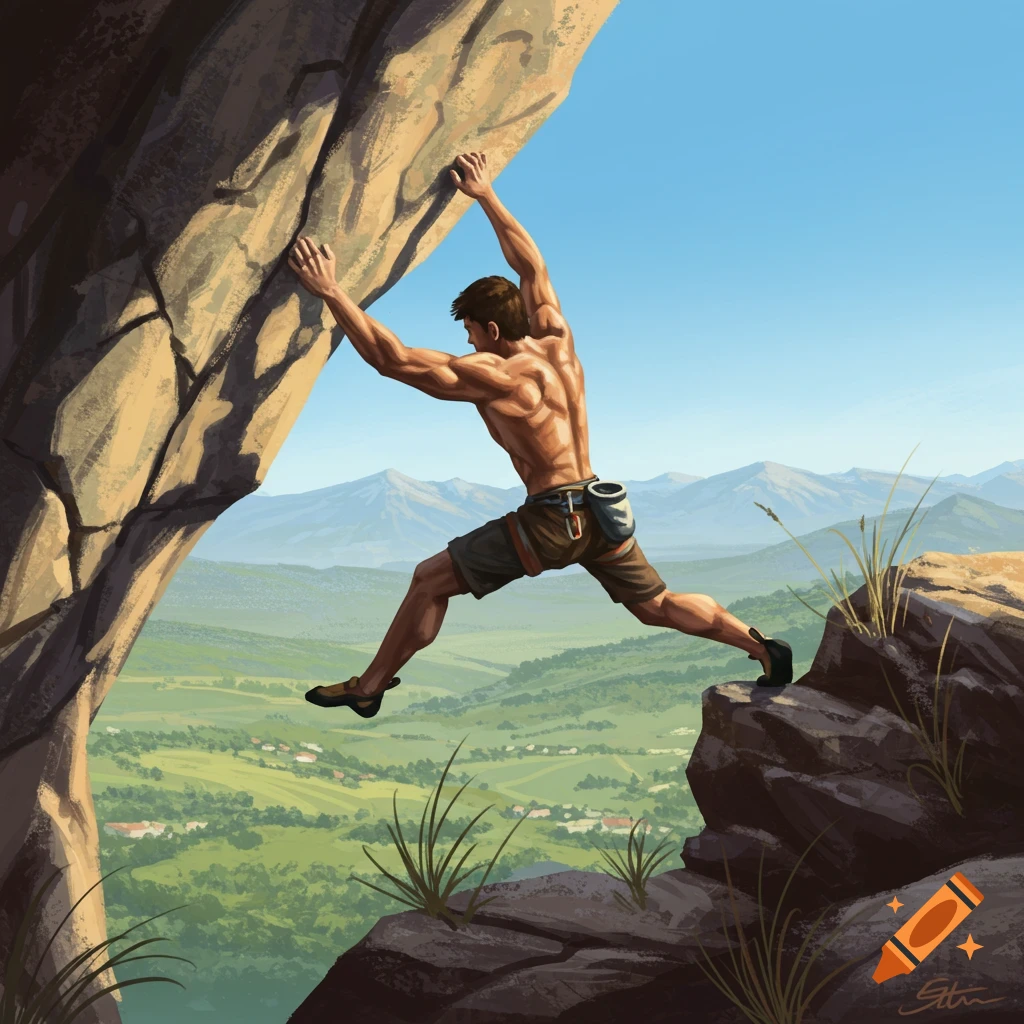 Illustrative digital painting of a shirtless man rock climbing a cliff overlooking a scenic mountain valley.