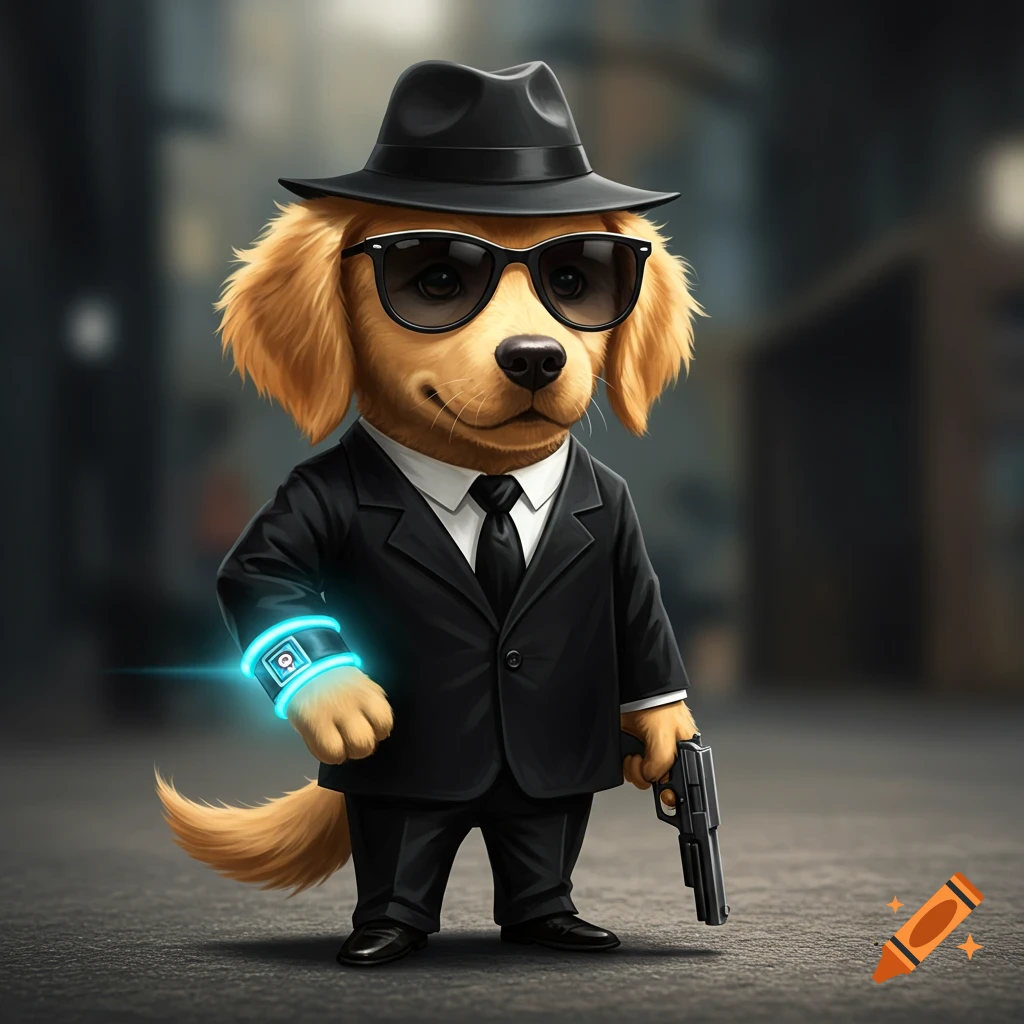 A cartoon golden retriever puppy in a black suit, fedora, and sunglasses, with a glowing blue wrist device, holding a pistol.