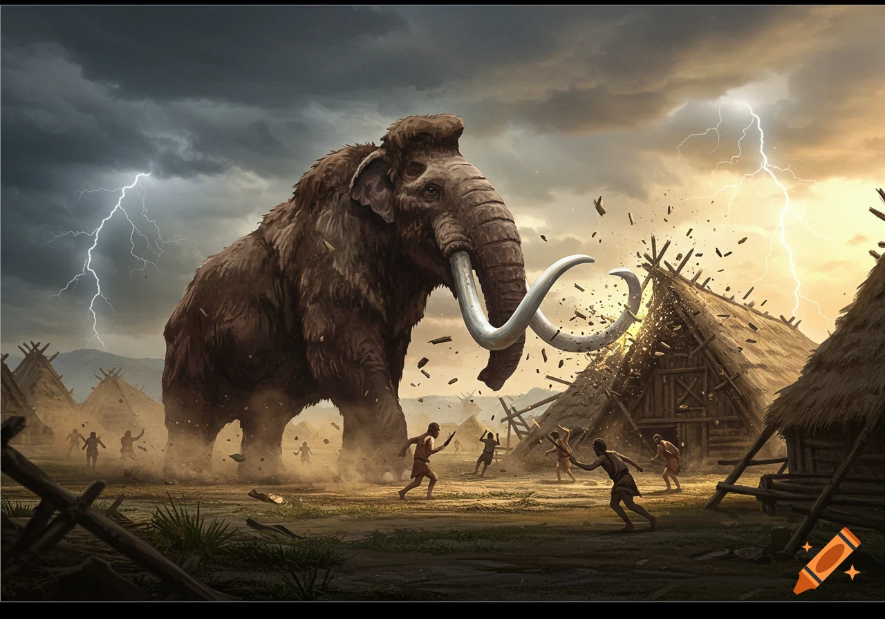 A giant woolly mammoth rampages through a prehistoric village of huts under a stormy, lightning-filled sky as cave-people flee.