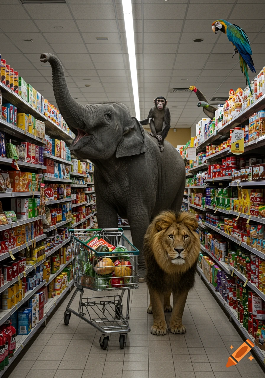 Photorealistic image of an elephant, a monkey, a lion, and parrots in a supermarket aisle with a shopping cart.