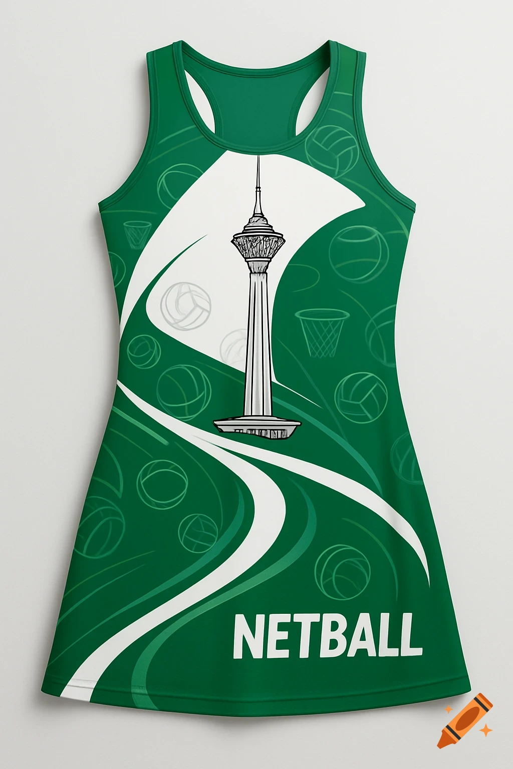 A green and white netball dress featuring a graphic of Milad Tower and the word 'NETBALL' at the bottom.