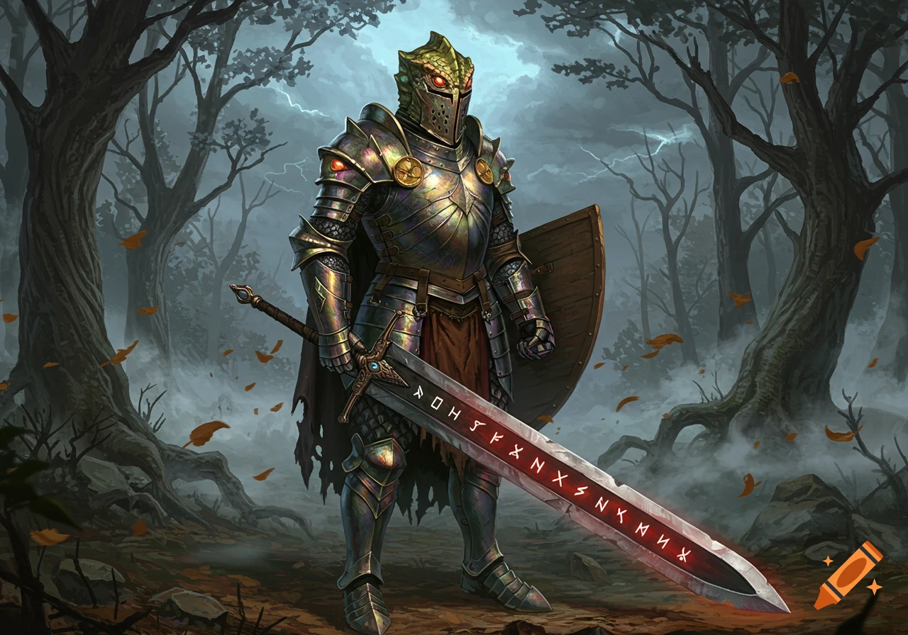A heavily armored knight with a reptilian helmet and glowing red eyes stands in a dark, misty forest, wielding a large sword with glowing runes and a shield.