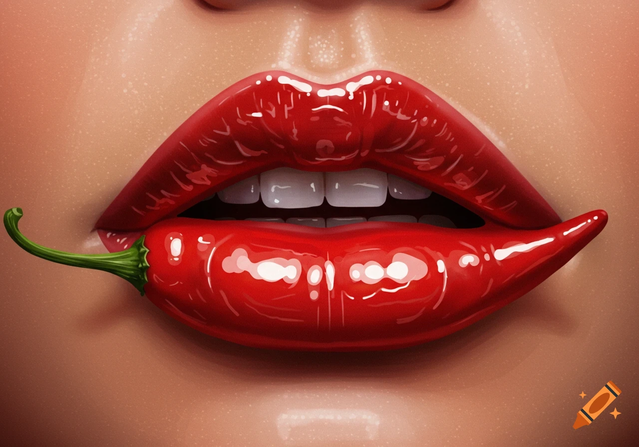 Close-up stylized illustration of glossy red lips holding a vibrant red chili pepper.