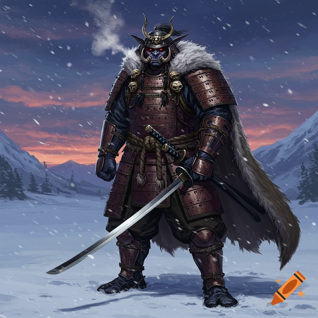 A powerful troll samurai in intricate brown armor and a white fur cape stands in a snowy mountain landscape at sunset, holding a katana.